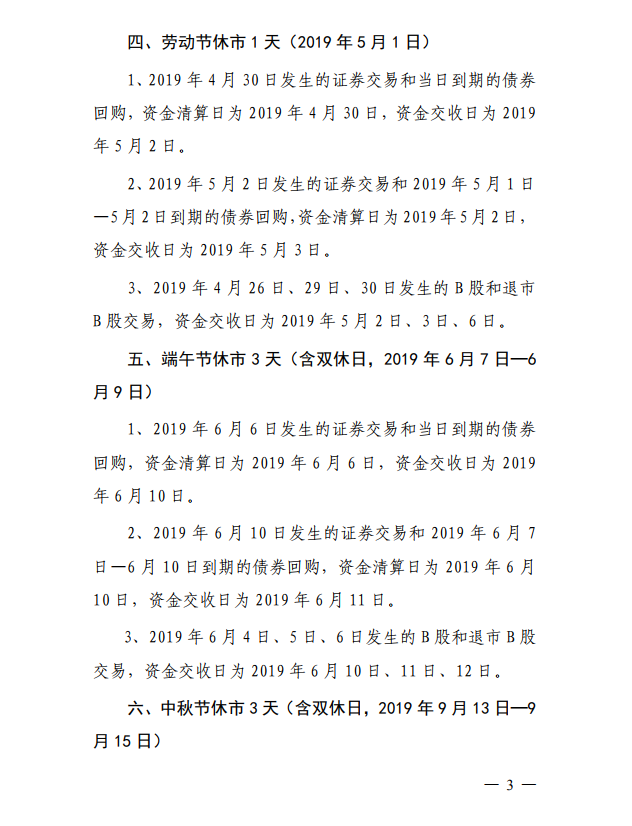 关于2019年部分节假日休市期间证券资金清算交收安排事项的通知